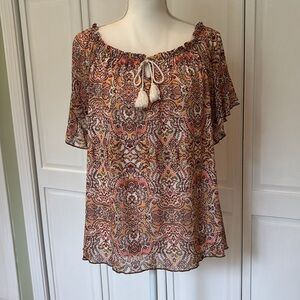 Jane and Delancey Ruffled Tie Front Blouse in Brown and Cream